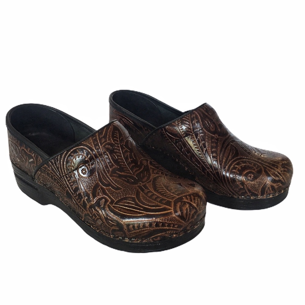 Dansko Brown Tooled Leather Professional Clogs